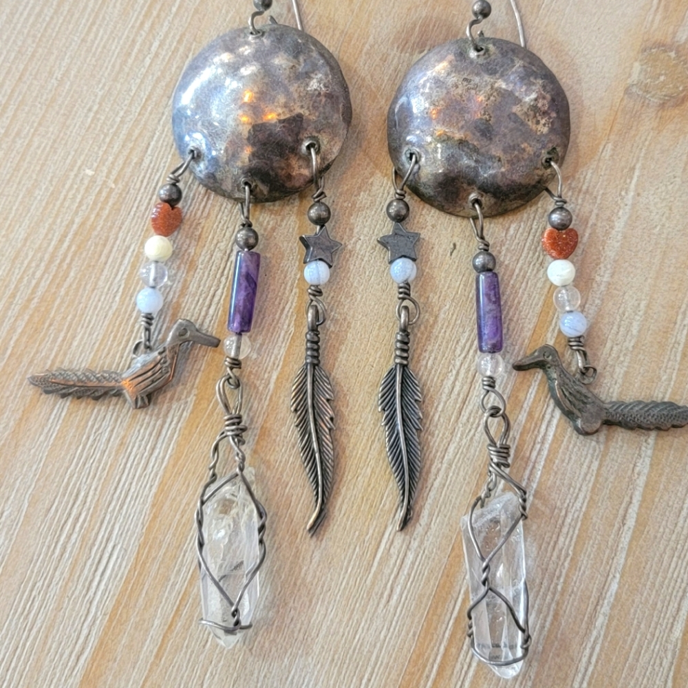 Boho Sterling Silver & Crystal Dangle Earrings - image 1